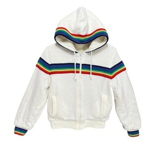 VTG 80s Chill Factor M Rainbow Stripe Sherpa Lined Knit Zip Hoodie Ski Snow Cozy